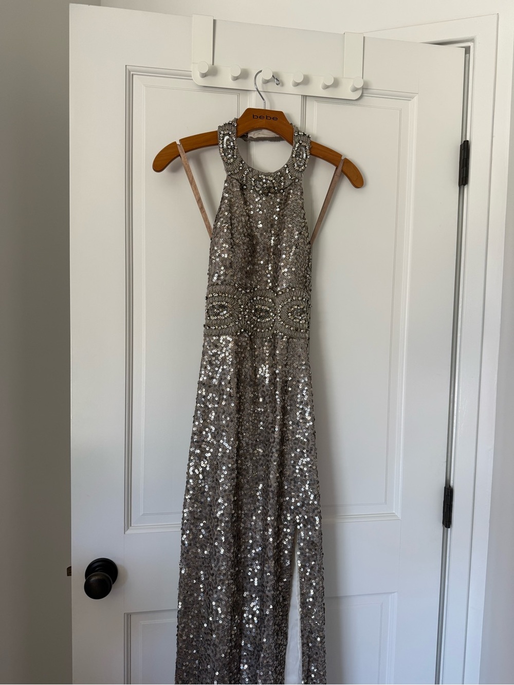 Shakil K Silver/ Gunmedal Sequin Halter Prom Gown with Beaded Waist